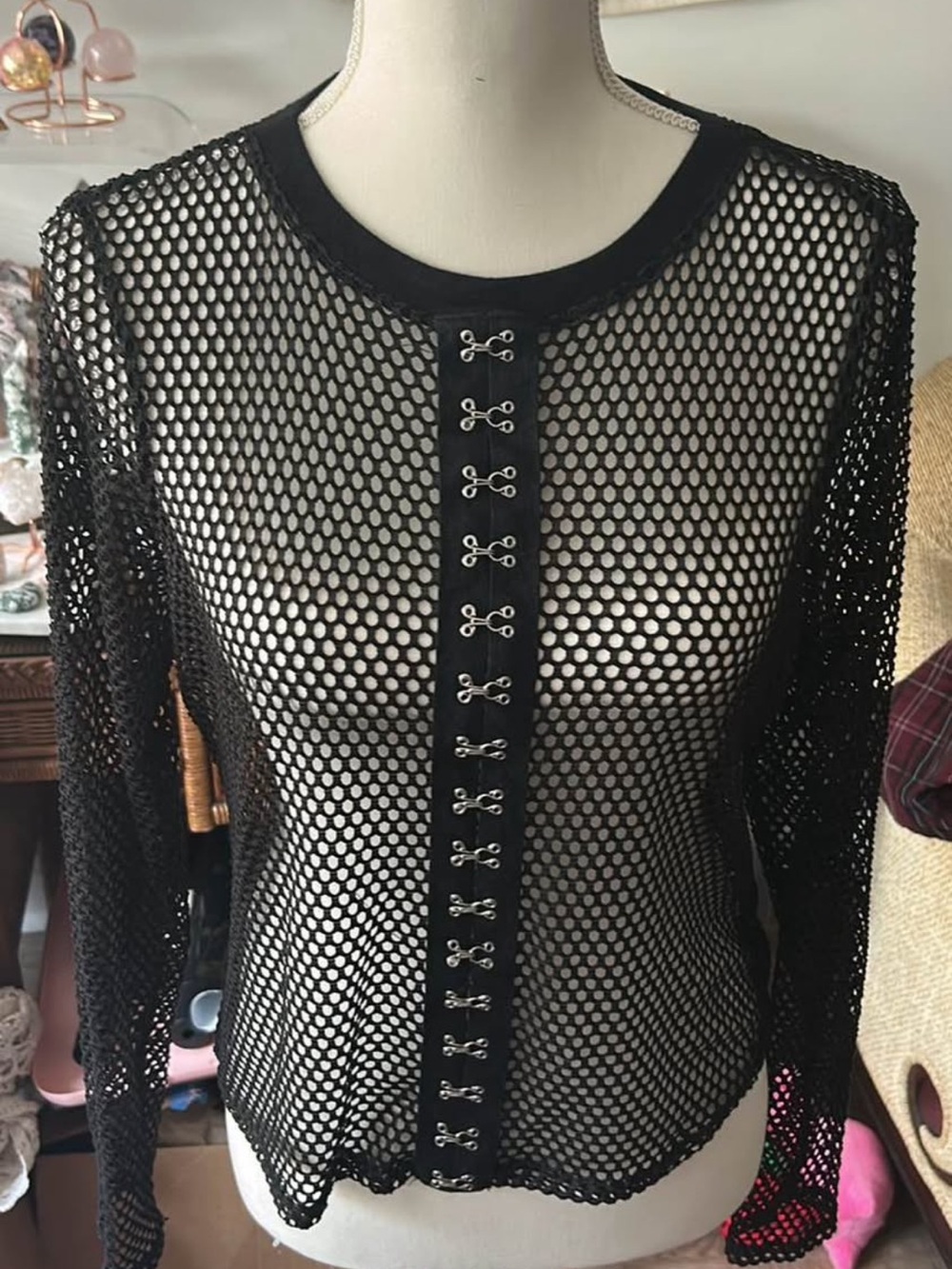 Black Fishnet Hook-and-Eye Long Sleeve Top